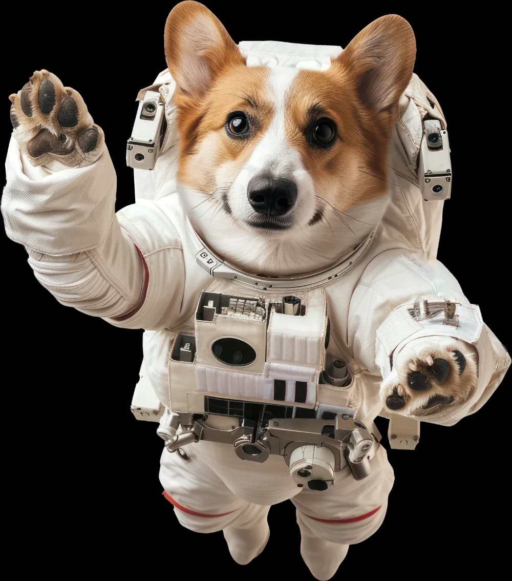 Corgi in a white spacesuit floating and waving