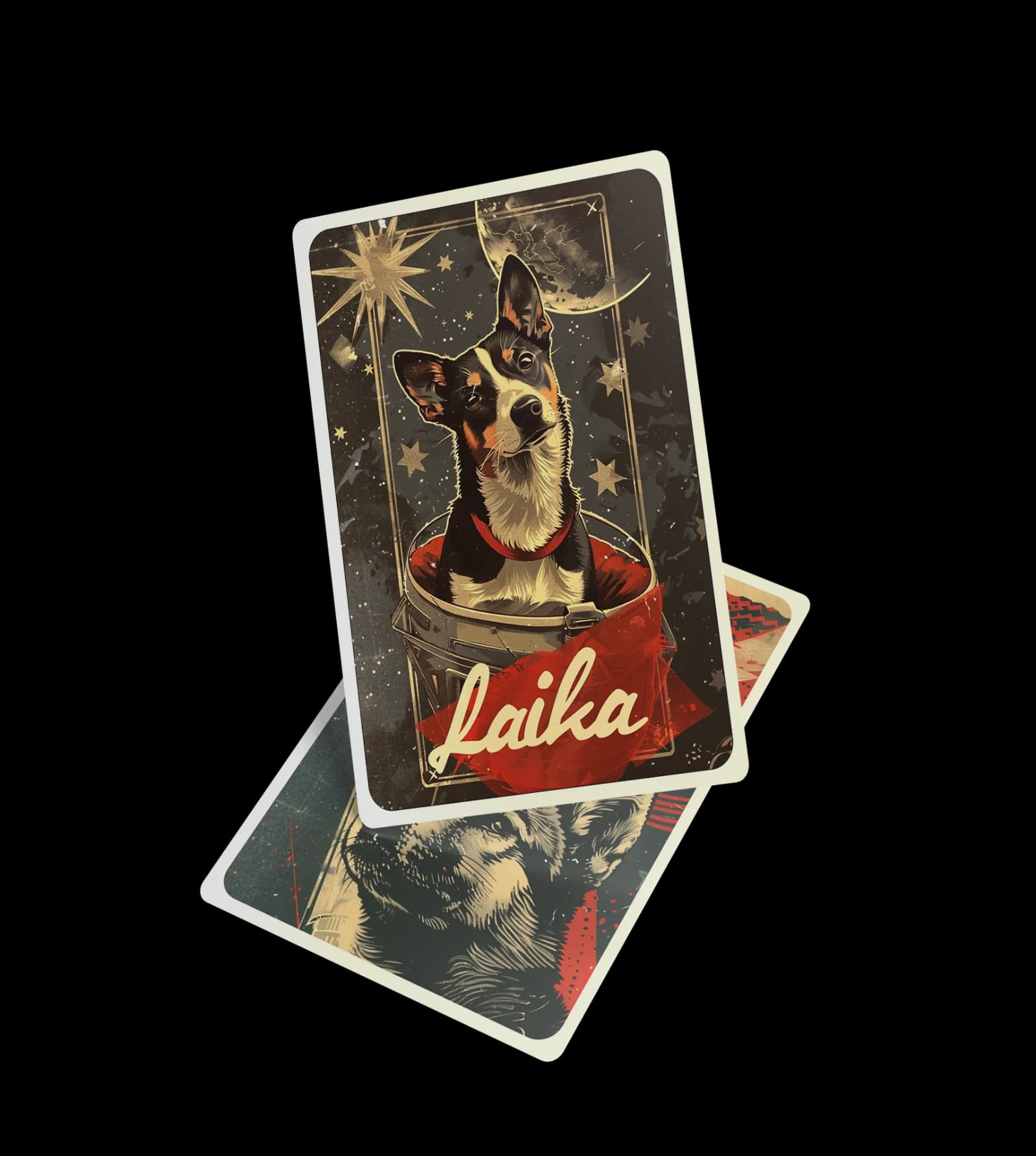 Two vintage-style Laika trading cards, the top one showing Laika inside her capsule