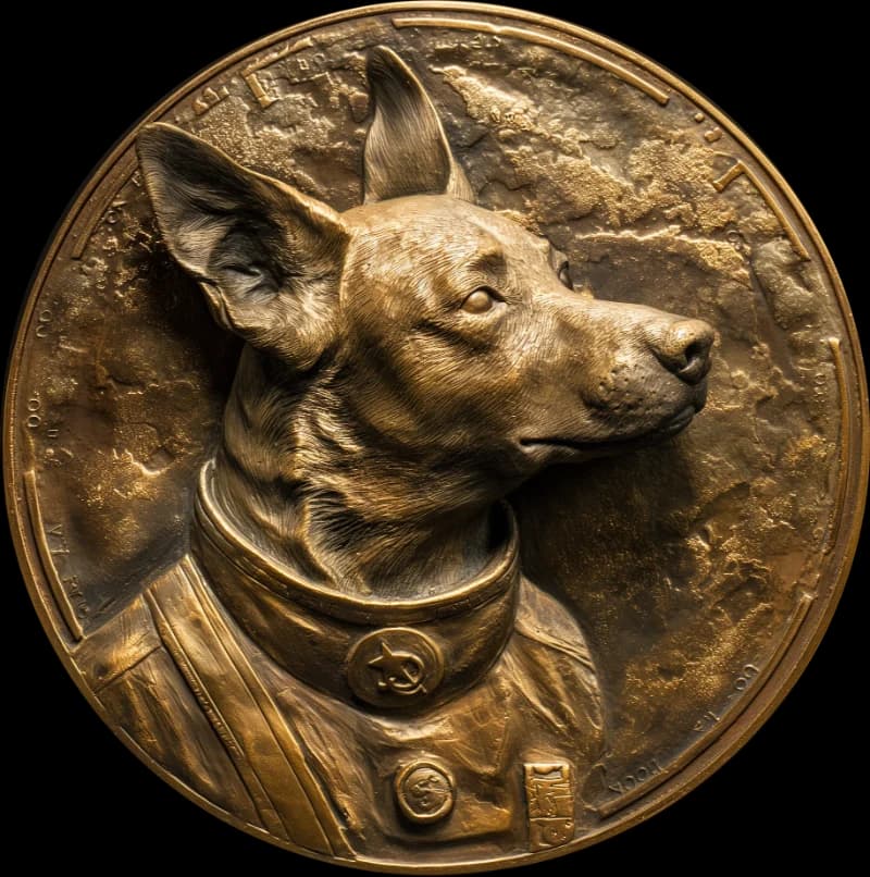 Bronze medallion engraved with a portrait of Laika in her flight harness