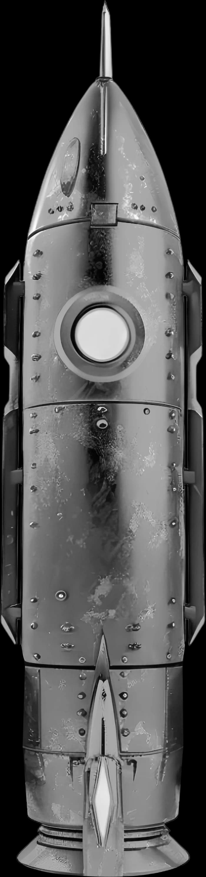 Chrome rocket standing upright, engines pointed down